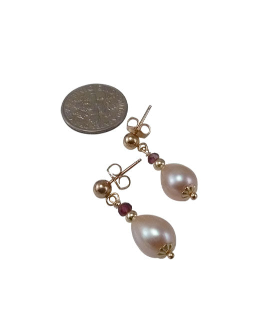 Dainty pink pearl earrings with garnet