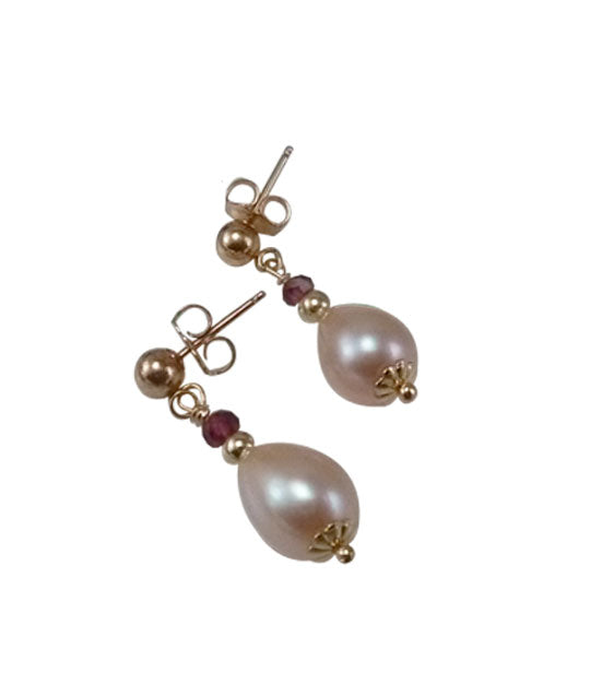 Dainty pink pearl earrings with garnet