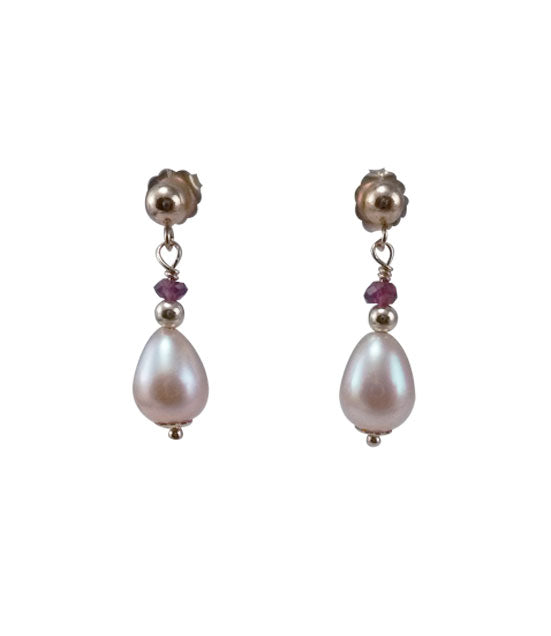 Dainty pink pearl earrings with garnet
