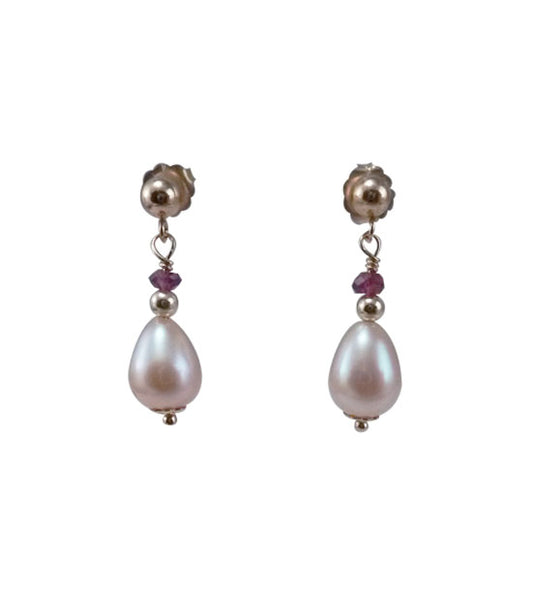 Dainty pink pearl earrings with garnet