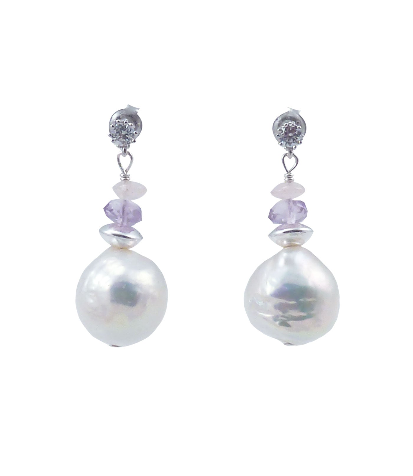White Chinese Kasumi pearl earrings with amethyst.  Custom baroque pearl jewelry