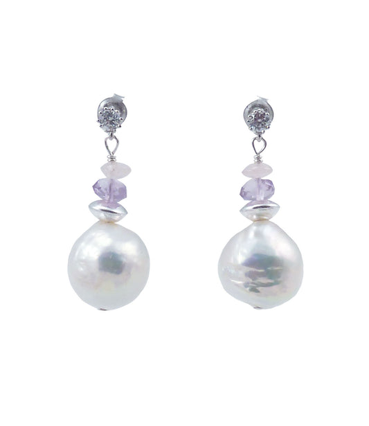 White Chinese Kasumi pearl earrings with amethyst.  Custom baroque pearl jewelry