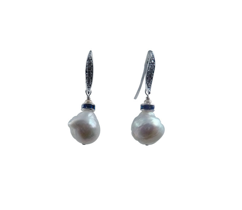 White pearl earrings with blue accent.  Stylish contemporary pearl jewelry featuring white freshwater pearls