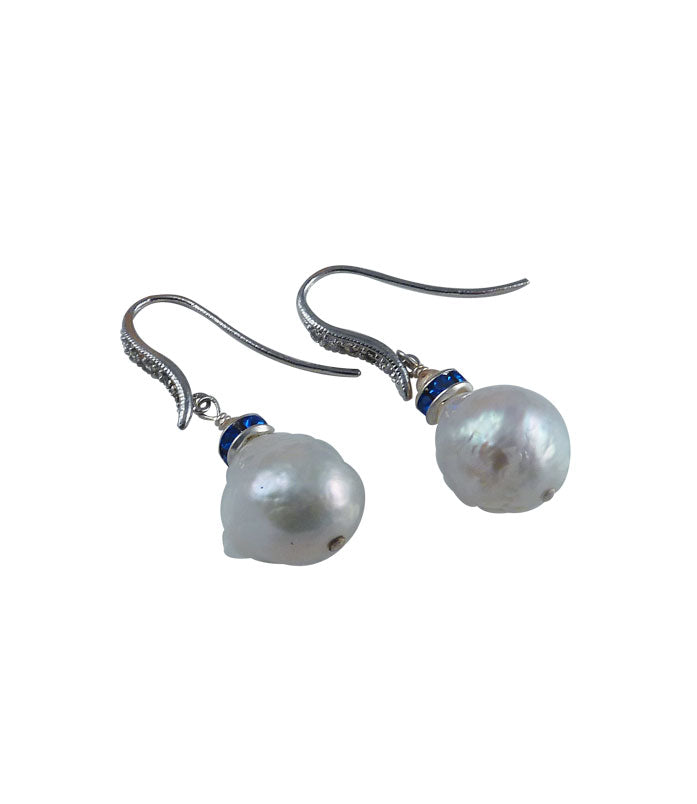 White pearl earrings with blue accent feature highly lustrous freshwater Chinese Kasumi pearls.