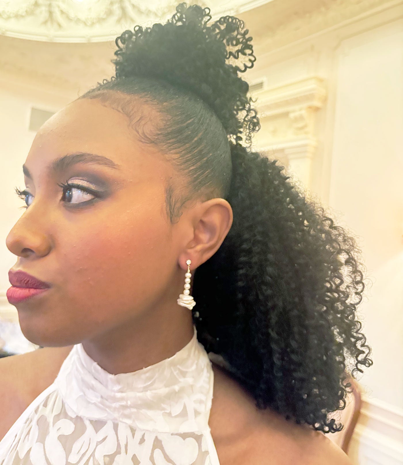 White pearl earrings with keshi pearls.  Custom pearl jewelry will finish your look.