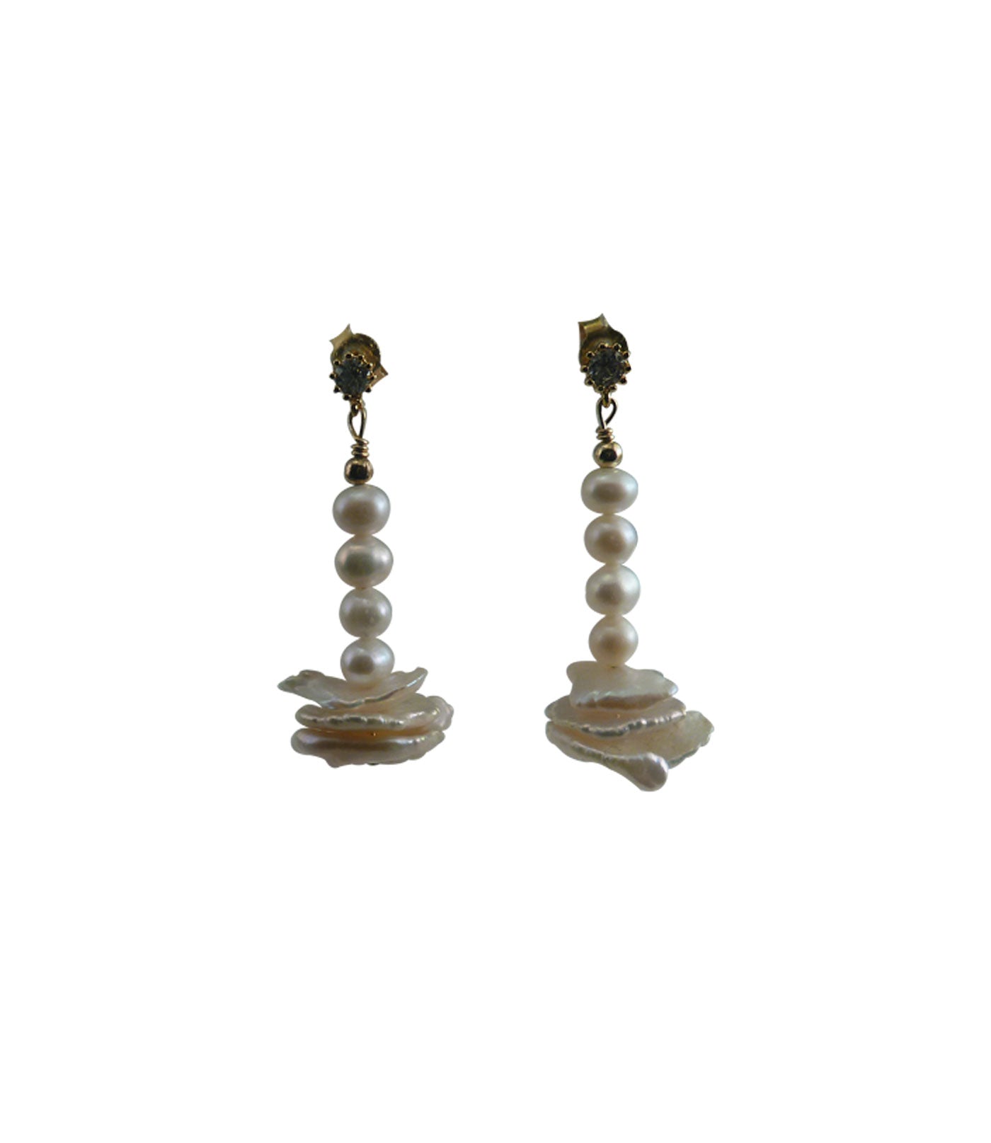 White pearl earrings with keshi pearls feature real freshwater pearls of various shapes