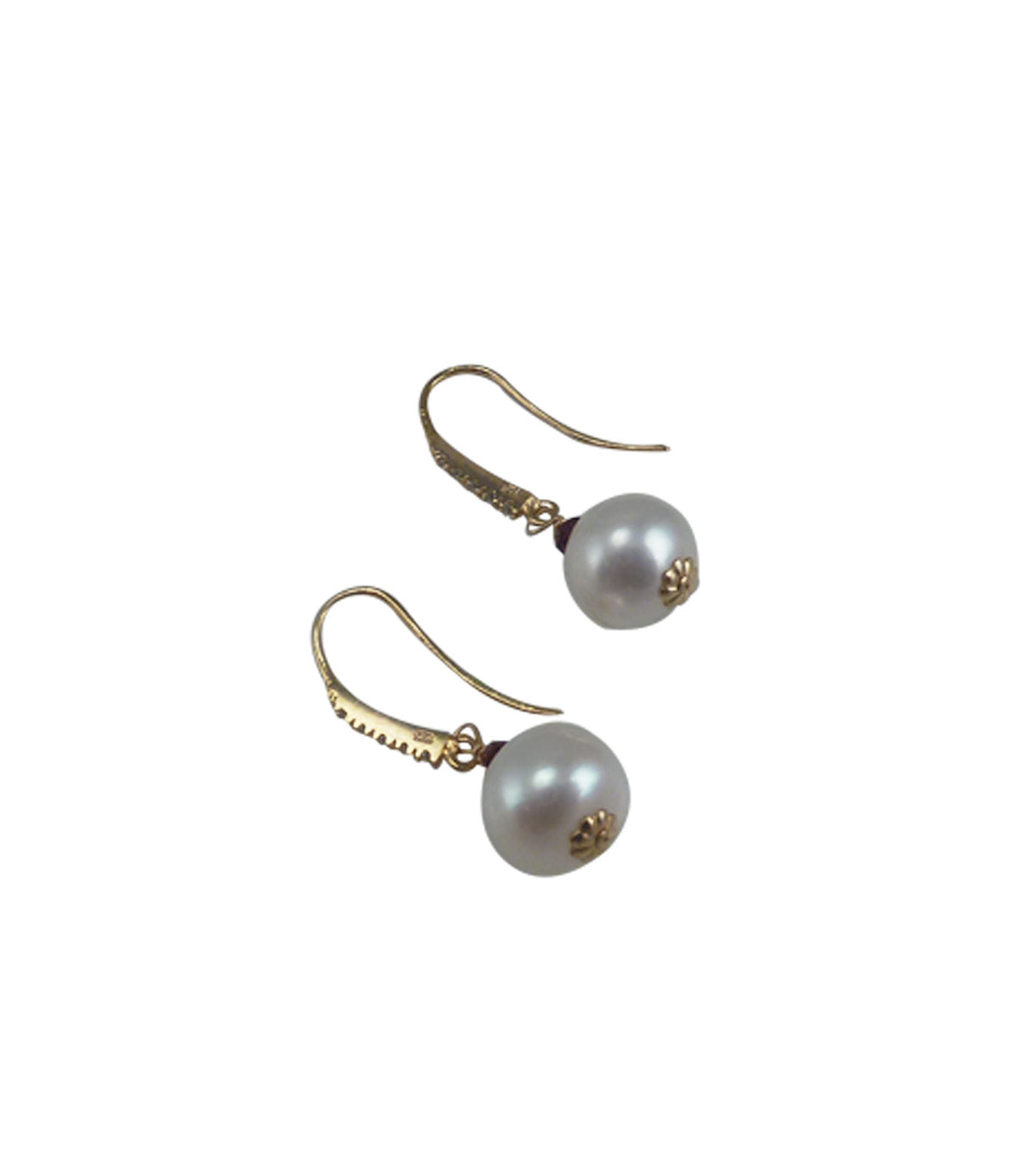 White dangling pearl earrings with garnet.  Modern pearl jewelry
