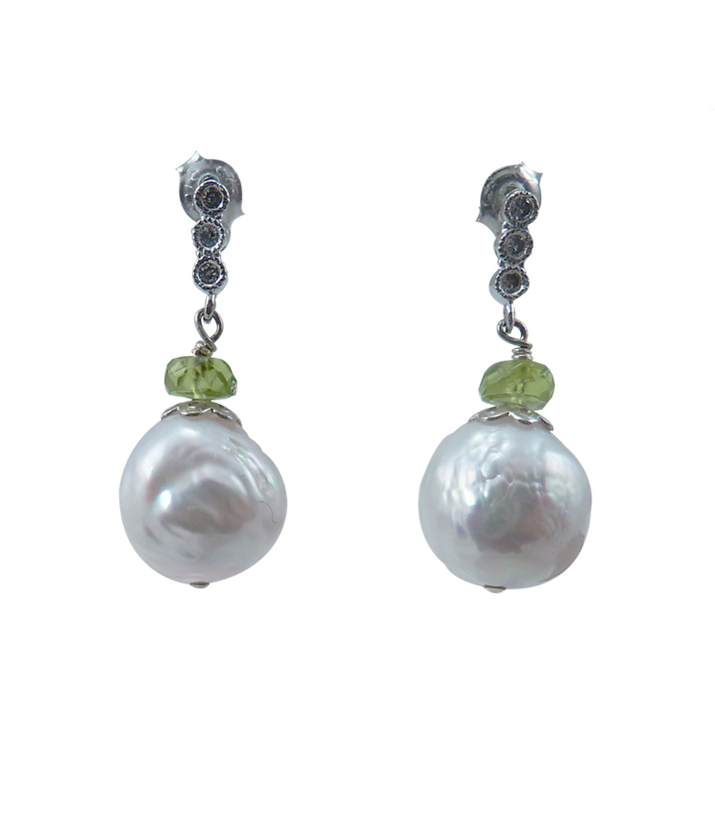 White pearl earrings Chinese Kasumi pearls with green peridot