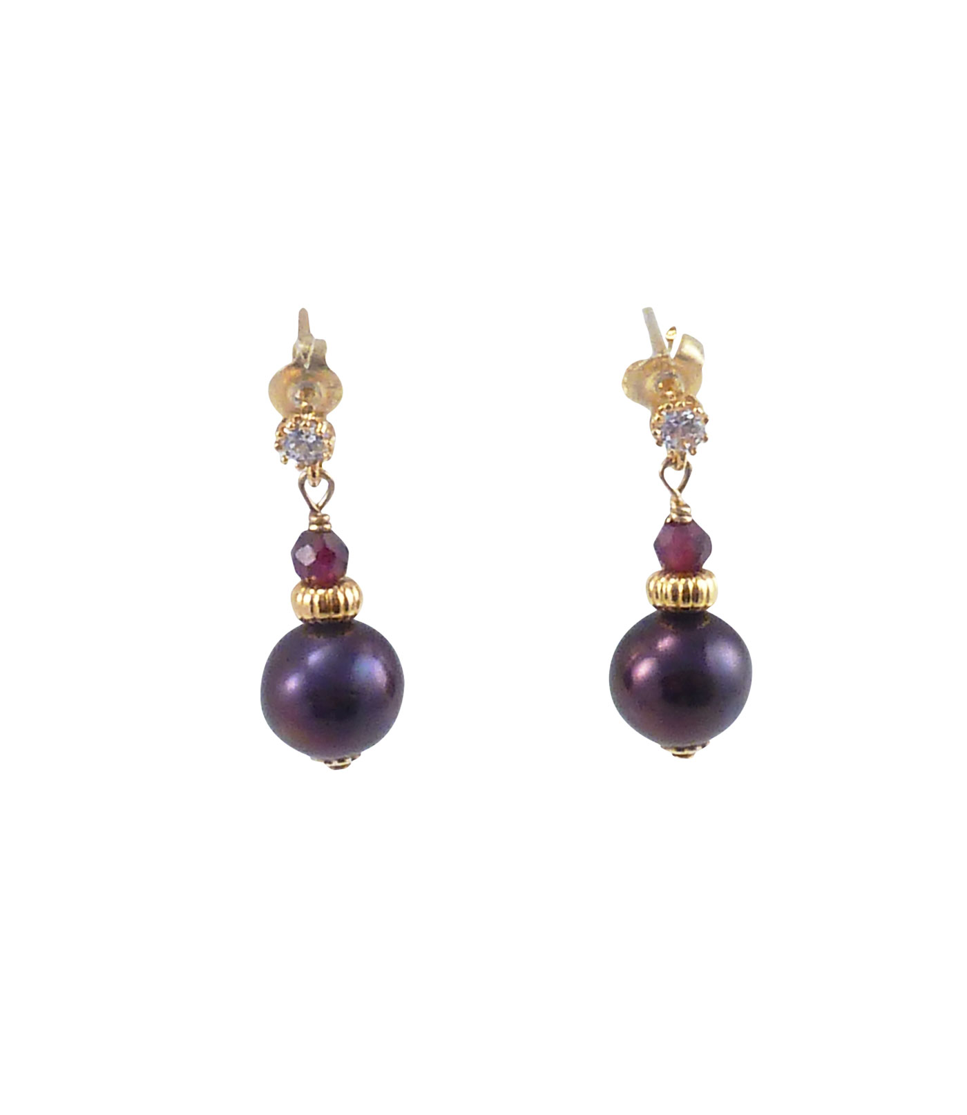 Designer pearl earrings garnet beads in Vermeil setting