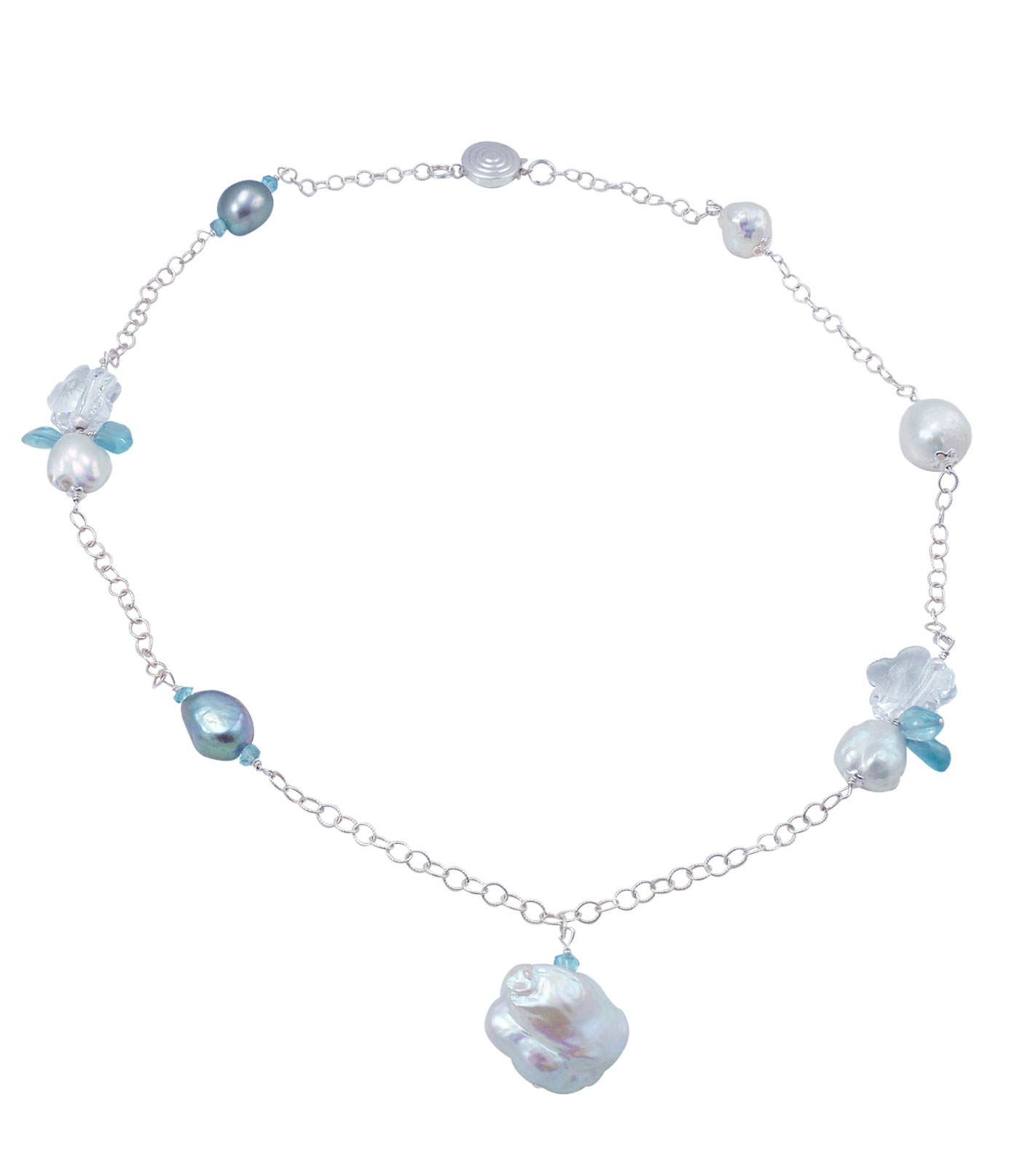 Fancy station pearl necklace with apatite. Modern pearl jewelry