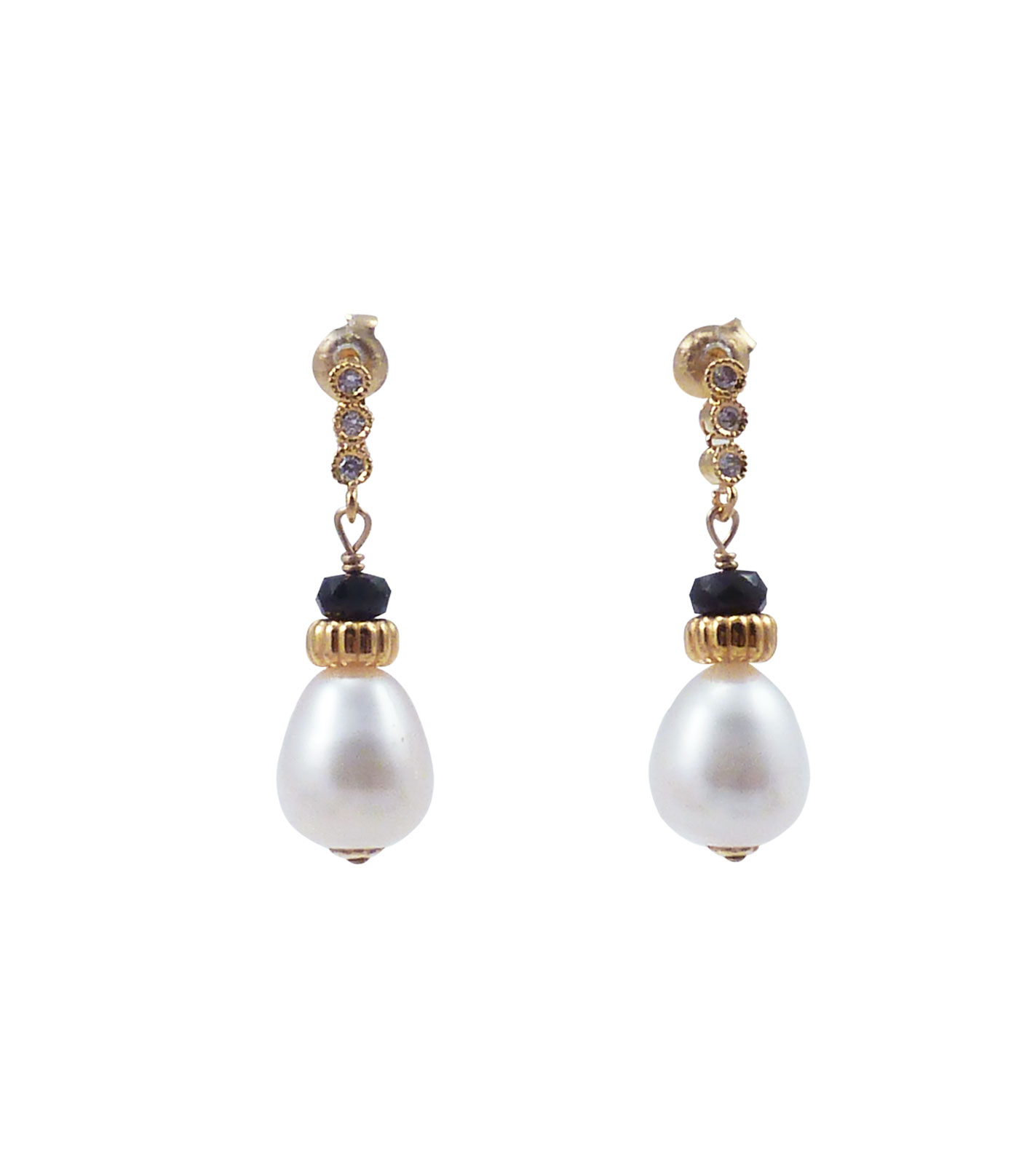 Pearl earrings black spinel as accent. White pearl jewelry