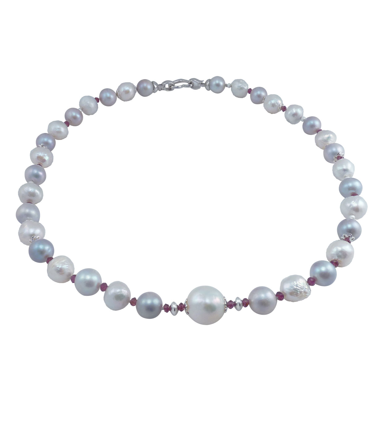 Designer pearl necklace grey and white pearls. Modern pearl jewelry