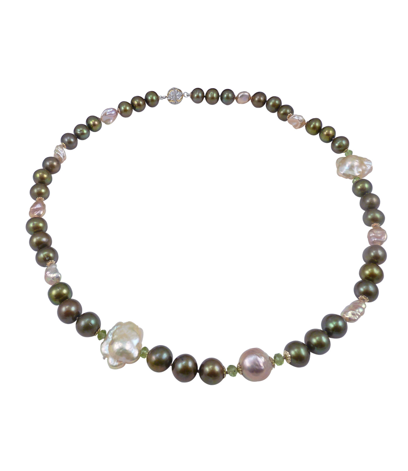 Olive Green Designer Pearl Necklace Peridot Accents Modern Pearl Jewelry