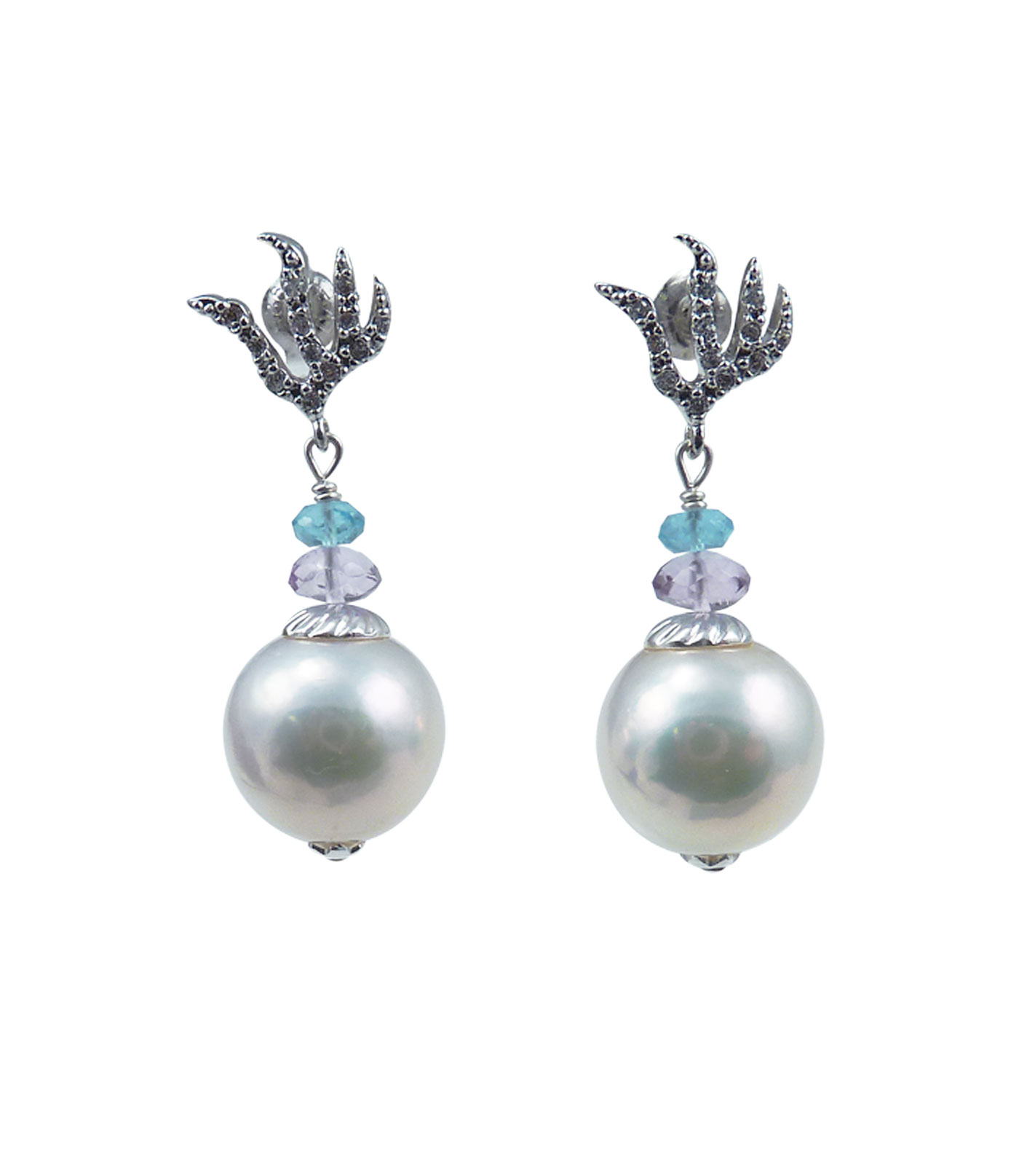 Pearl earrings flame setting, apatite,amethyst. Modern pearl jewelry