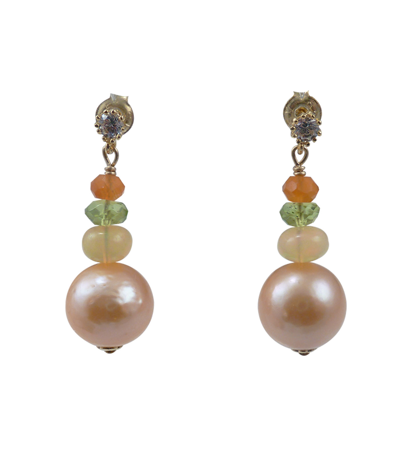 Designer pearl earrings peach pearls Chinese Kasumi with gemstones