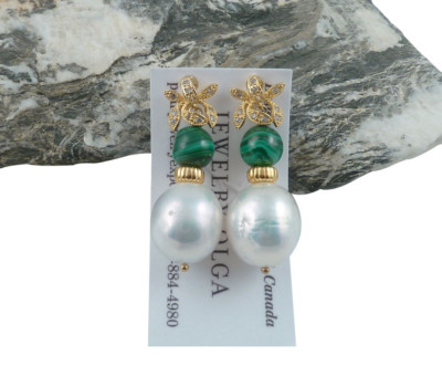 Malachite jewelry is one of jewelry trends 2020. Designer malachite and pearl earrings for stylish women by Jewelry Olga Montreal Canada