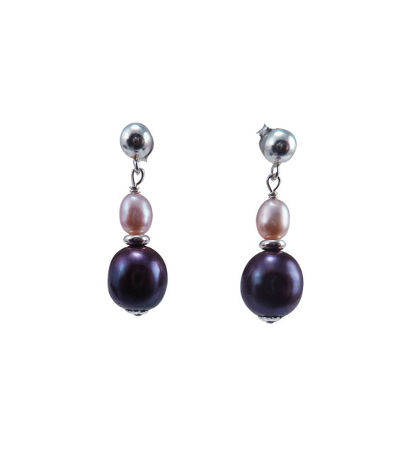 Stylish dangling black and pink pearl earrings designed and created by Jewelry Olga Montreal Canada