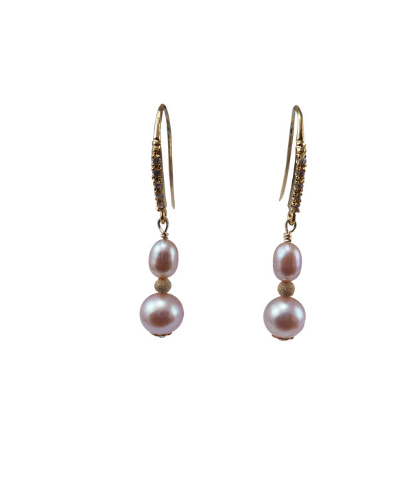 Gorgeous dangling pink pearl earrings. Designed and created by Jewelry Olga Montreal Canada