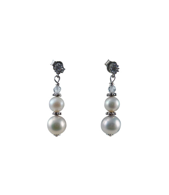 White pearl dangling earrings designed and created in Montreal Canada